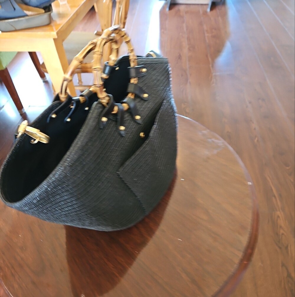 Eric Javits Black Woven Tote with Bamboo Ring Handles - Picture 6 of 12